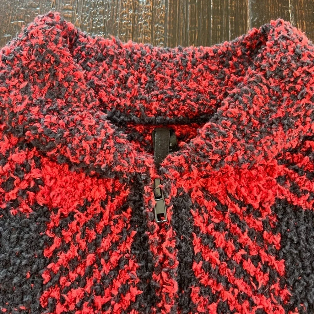 SKIMS Cozy Knit Sweater Red Black Full Zip Brick Buffalo Check Plaid L/XL